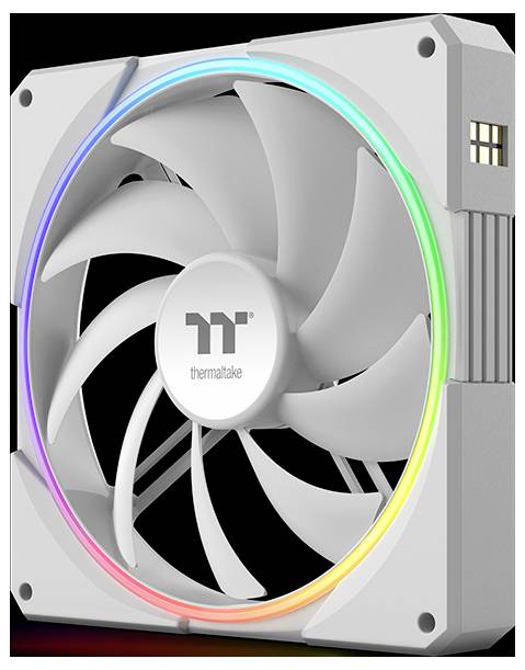 Bílý chladicí ventilátor Thermaltake do počítače s RGB světelným kroužkem a černými lopatkami, zobrazen zepředu v čtvercovém pouzdře.
