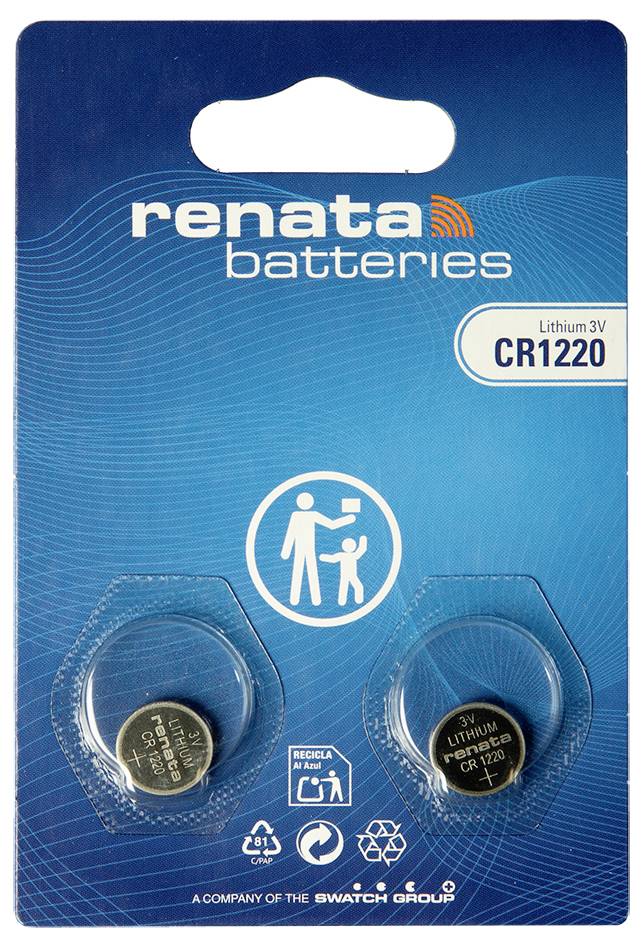 Renata Batteries blistr pro dvě lithiové články 3V CR1220, zobrazený na modrém obalu se jasně viditelným názvem značky a typem baterie.