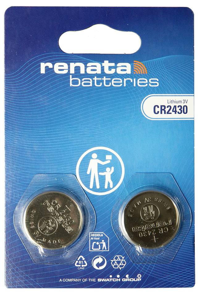 Balené baterie Renata se dvěma lithiovými knoflíkovými články CR2430 3V uvedenými v čirých blistrech na modré obchodní kartě.