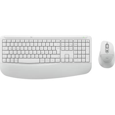 Bílá bezdrátová klávesnice Logitech s integrovanou opěrou na zápěstí a odpovídající myš zobrazené vedle sebe na bílém pozadí.