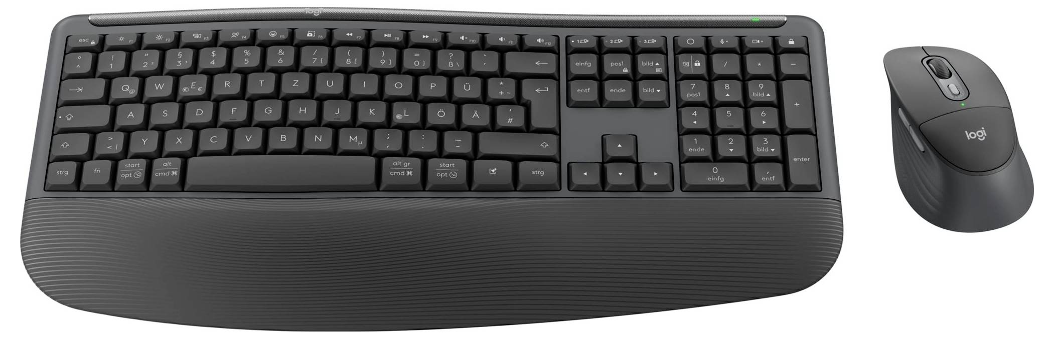 Bezdrátová klávesnice s velkou vestavěnou opěrou na zápěstí a odpovídající ergonomickou myší na bílém pozadí.