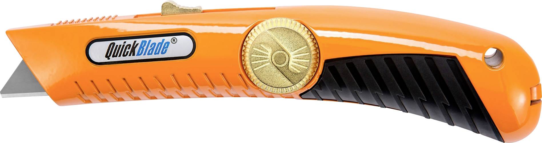 Oranžový užitkový nůž Orange QuickBlade se zatahovací kovovou čepelí, černou rukojetí a nastavením kolečkem na palci.