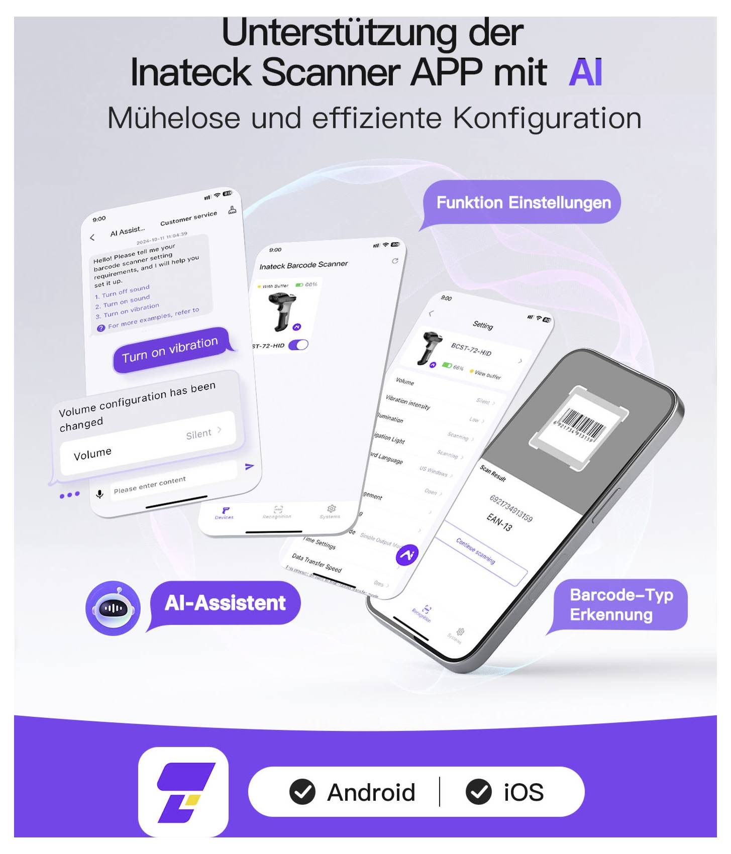 Reklamní grafika aplikace Inateck Scanner s AI, zobrazující obrazovky smartphonu pro nastavení funkcí, AI asistenta, vibrace a rozpoznávání typu čárového kódu, s podporou Android a iOS.