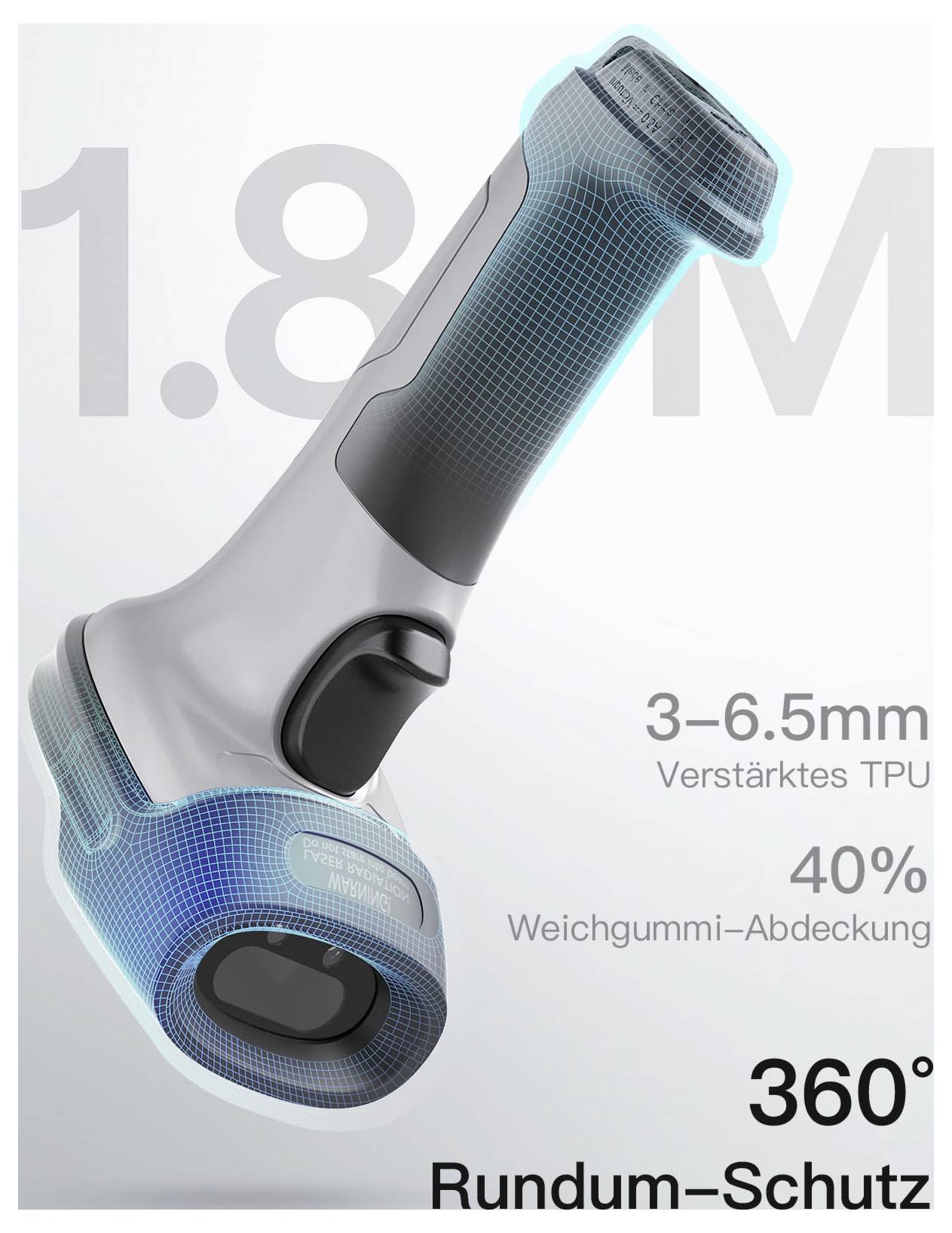 3D vykreslení ochrany rohů pouzdra na telefon s označením „1,8M", „3–6,5mm Zesílený TPU", „40% Kryt z měkkého gumy" a „360° Ochrana ze všech stran".