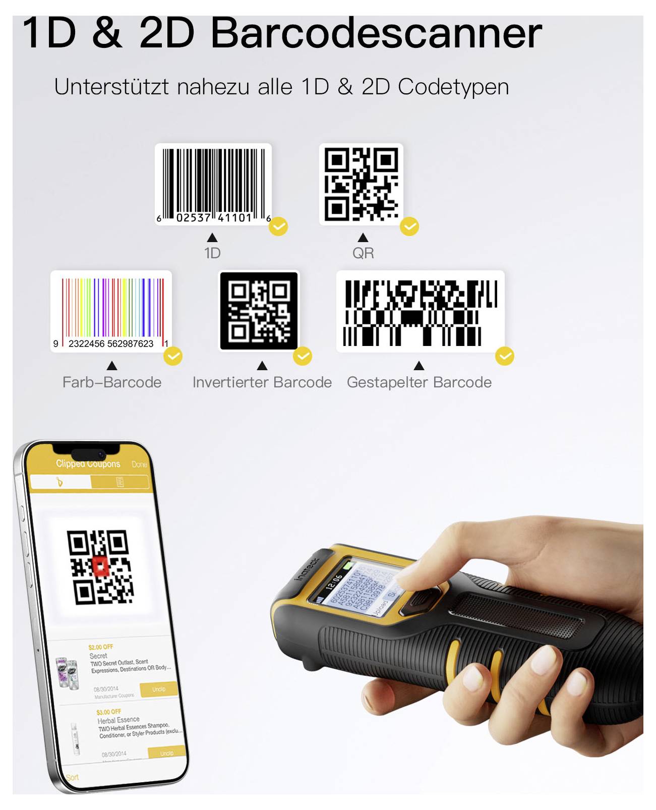Promocionální grafika pro skener 1D a 2D čárových kódů, zobrazující podporované typy čárových kódů, telefon skenující QR kód a ruční skener v používání.