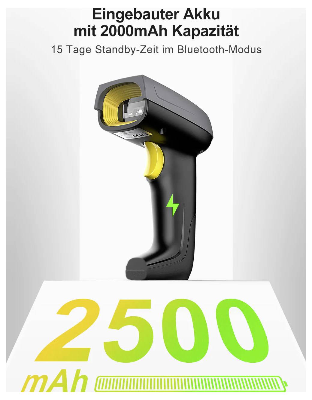 Skener čárových kódů s vestavěnou baterií 2000 mAh, 15 dnů standby v režimu Bluetooth a grafika s velkou kapacitou "2500 mAh"