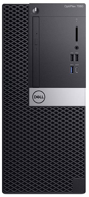 Přední pohled na stolní věž Dell OptiPlex 7060 se síťovinou, tlačítkem napájení, porty USB, audio jackem a panelem s logem Dell.