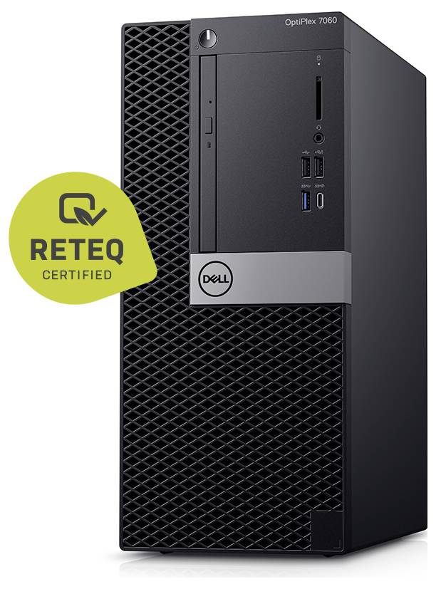 Dell OptiPlex 7060 stolní věž s odznakem "Reteq Certified" zobrazeným vedle ní.