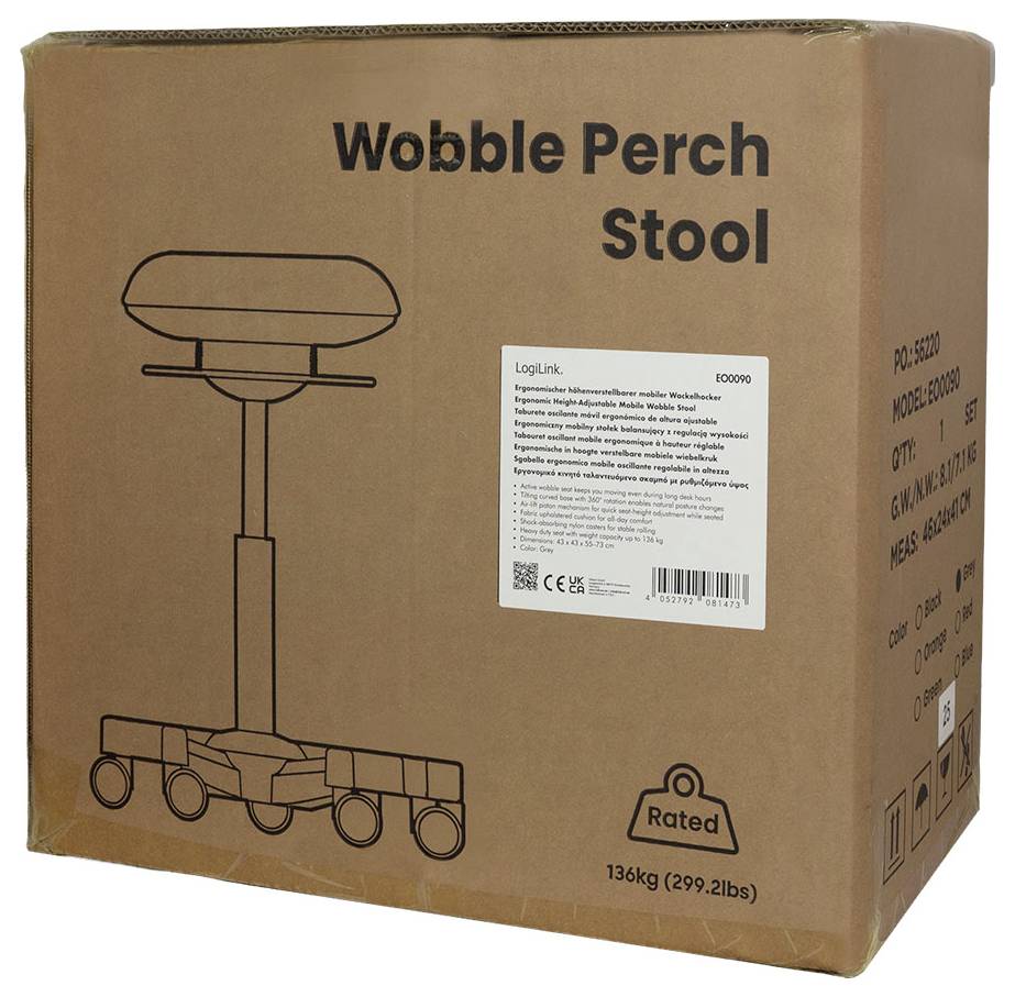 Krabice na kartonový produkt označená "Wobble Perch Stool" s úsečkovým kreslením stolku a malým štítkem s technickými parametry.