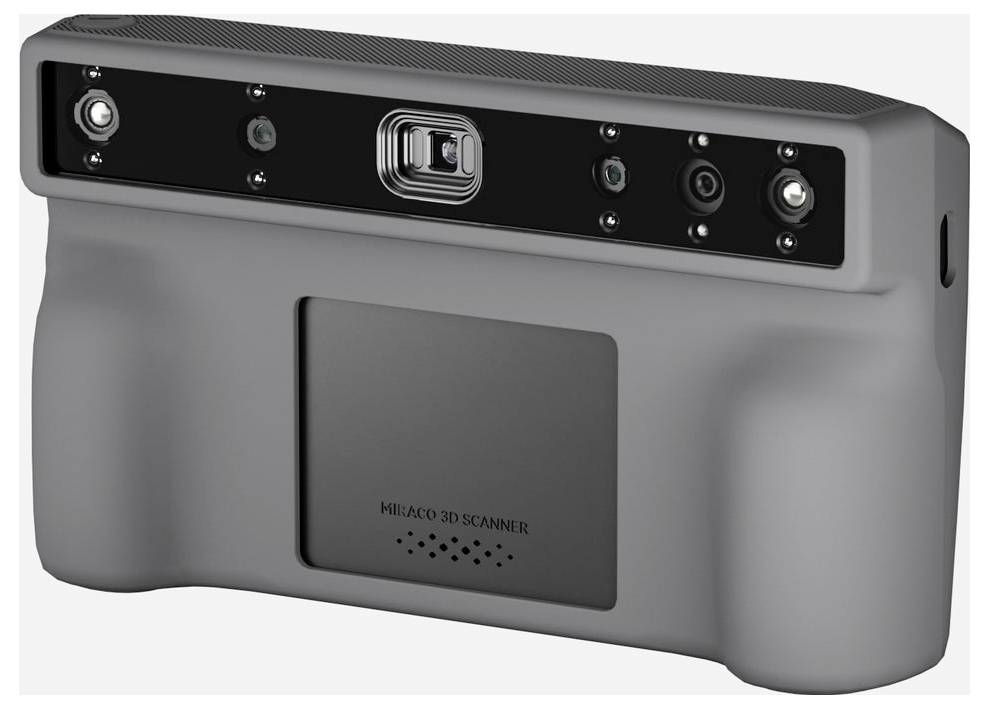 Šedý ruční 3D skener s více předními kamerami a centrálním objektivem, označený "MiYAC 3D SCANNER".