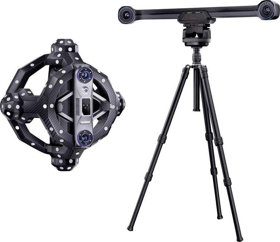 3D skenovací kamera s rotujícím senzorem a stativem připevněným skenovacím modulem na bílém pozadí.