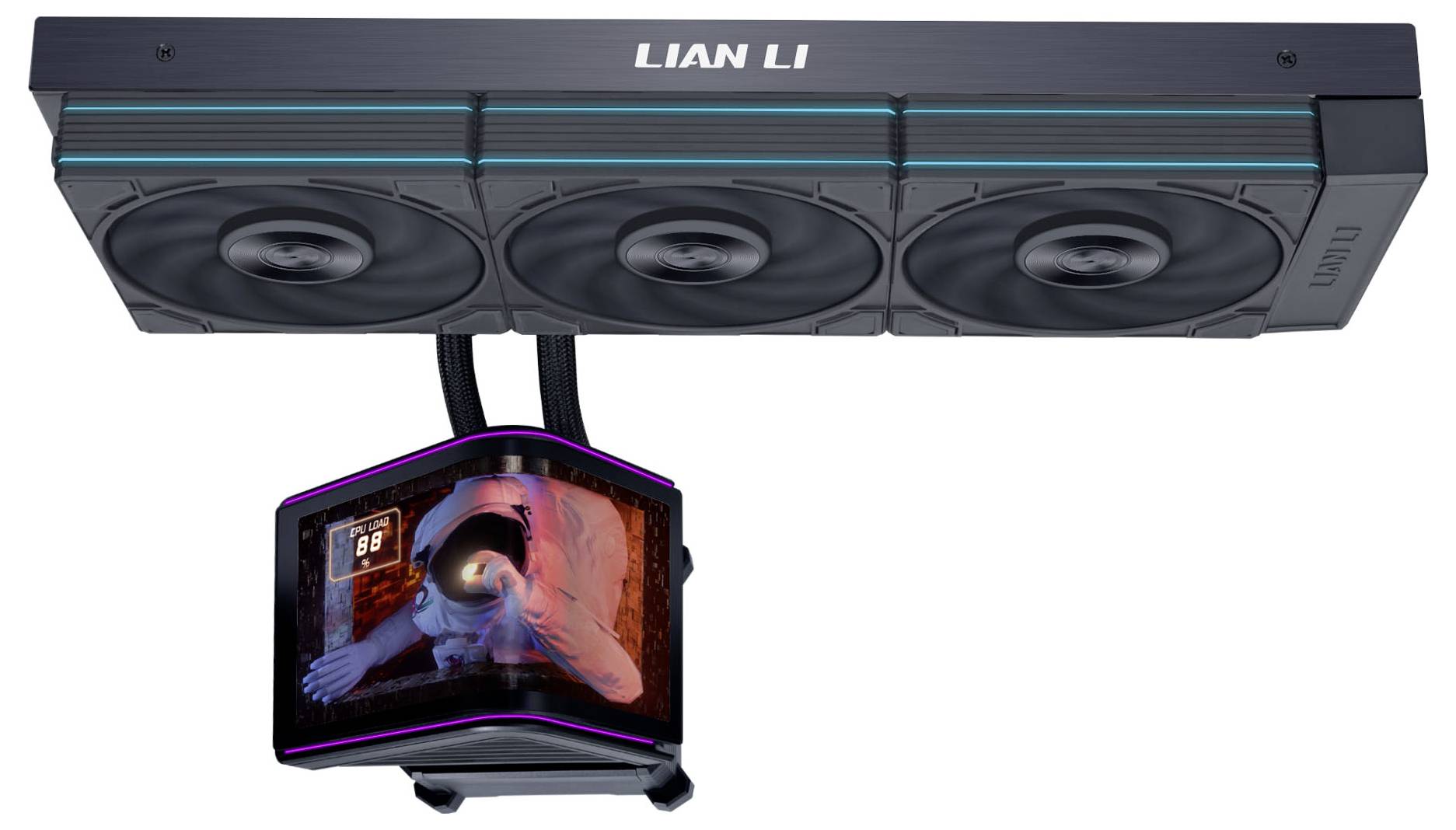 LIAN LI tříventilátor chladič CPU s kapalinou s podsvíceným displejem čerpací jednotky a pletenými trubicemi