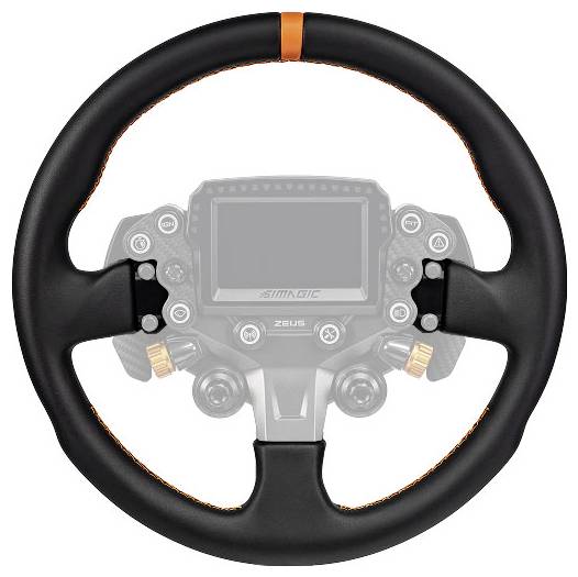 Černý závodní volant s oranžovým středovým pruhem a integrovaným digitálním displejem/tlačítky