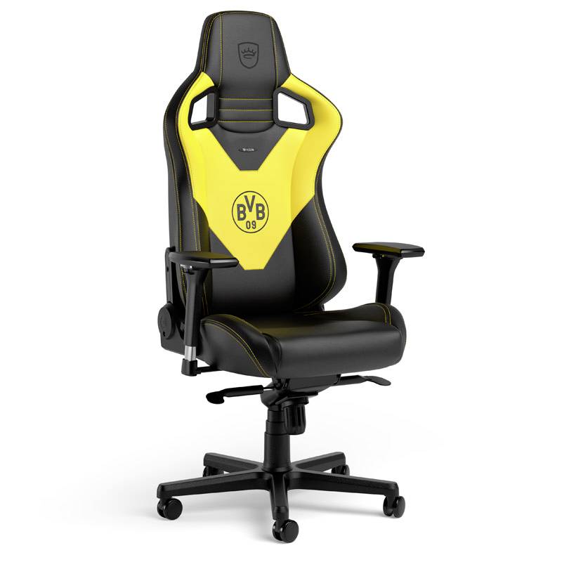 Černá a žlutá herní židle s logem Borussia Dortmund BVB 09 na opěradle, zobrazena na bílém pozadí.