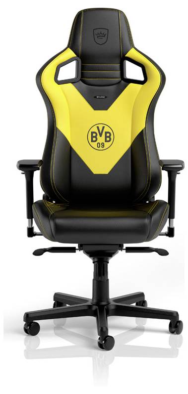 Černožlutá herní židle Borussia Dortmund s logem BVB 09, vysokým opěradlem, područkami a podstavou na kolečkách na bílém pozadí