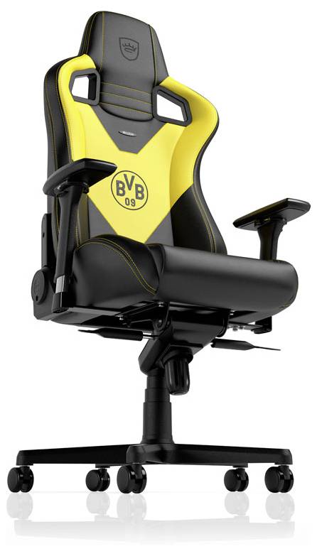 Žlutá a černá herní židle BVB 09 na kolečkovém otočném podstavci, zobrazená na bílém pozadí.