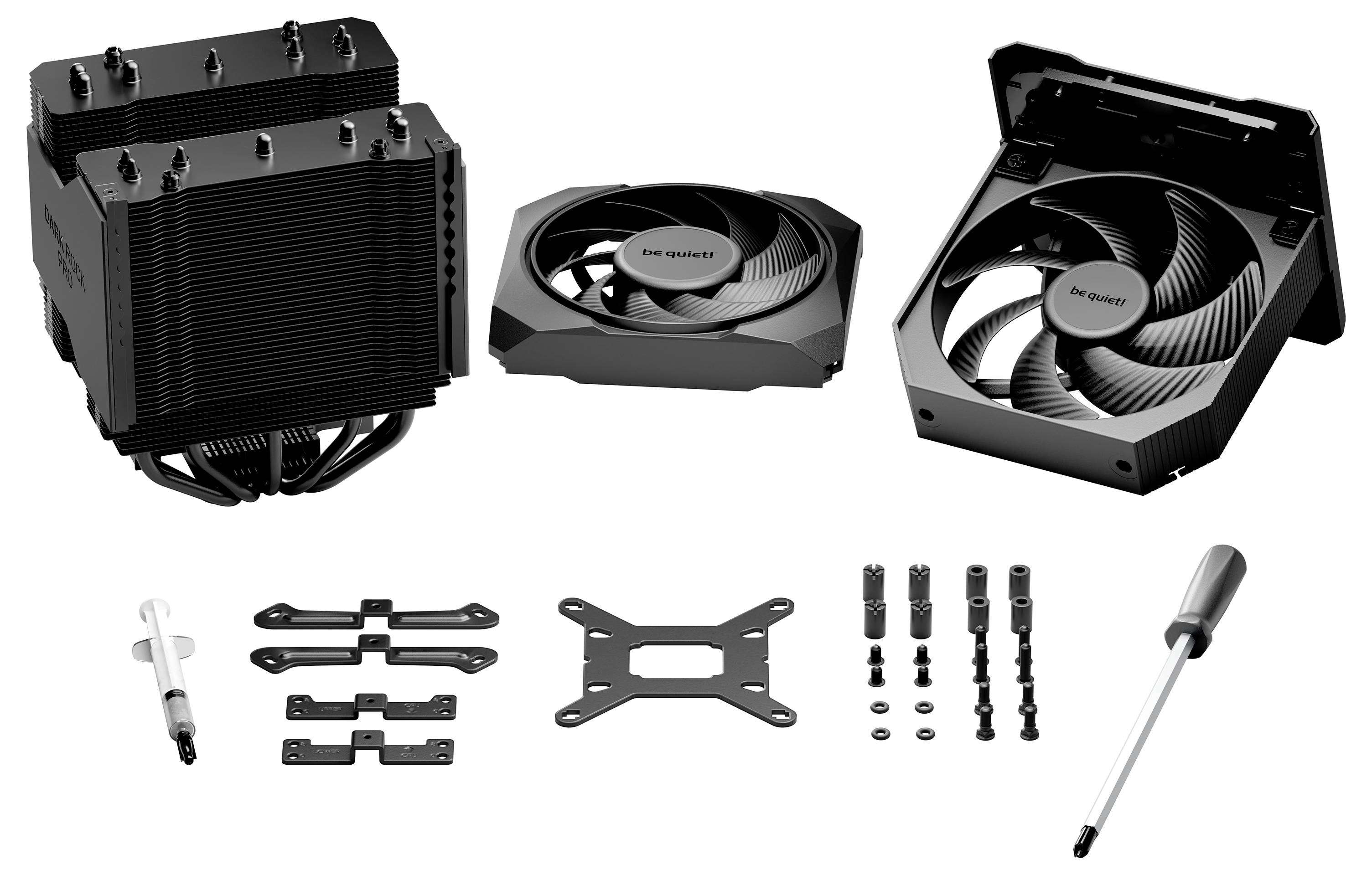 Produkty pro chlazení počítače: dva velké černé věžové chladiče, dva ventilátory v krytů a montážní hardware, šroubovák a terální pasta na bílém pozadí.