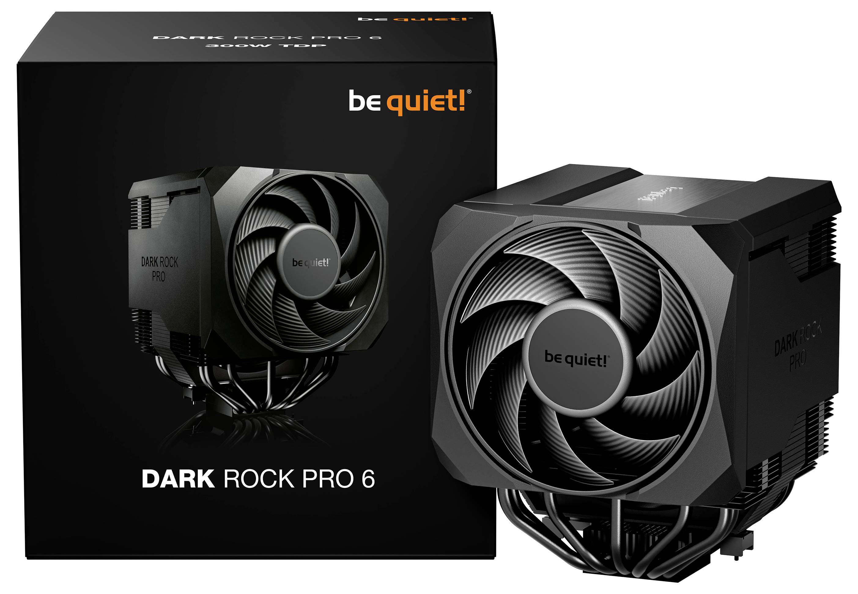 Be Quiet! Dark Rock Pro 6 - chladič procesoru se vzduchovým chlazením zobrazený s jeho maloobchodní krabicí a dvoustupňovým černým radiátorem.