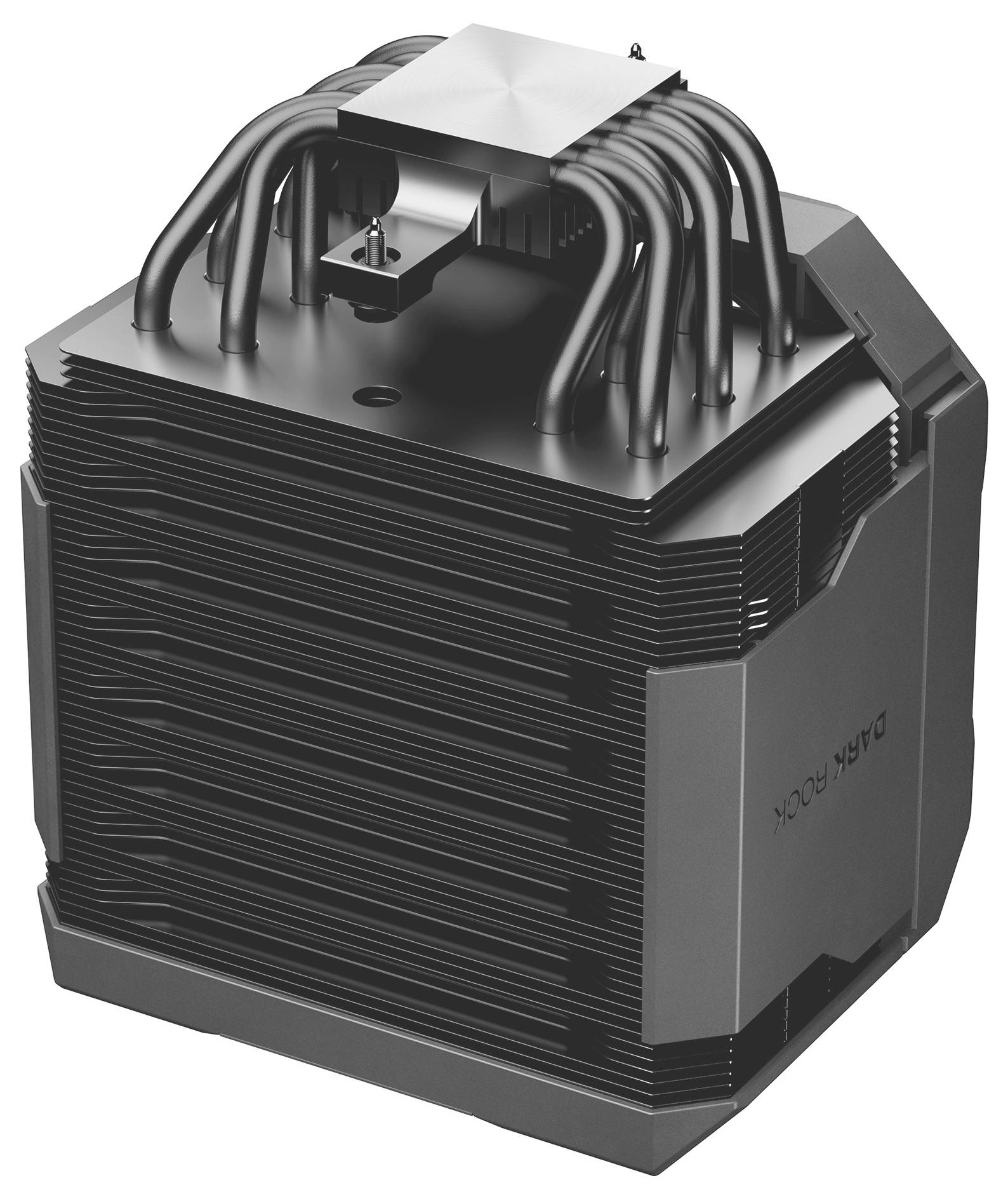 Černý chladící blok počítače s ploutví s více tepelnými trubicemi a ventilátorem na horním místě, zobrazený na bílém pozadí.