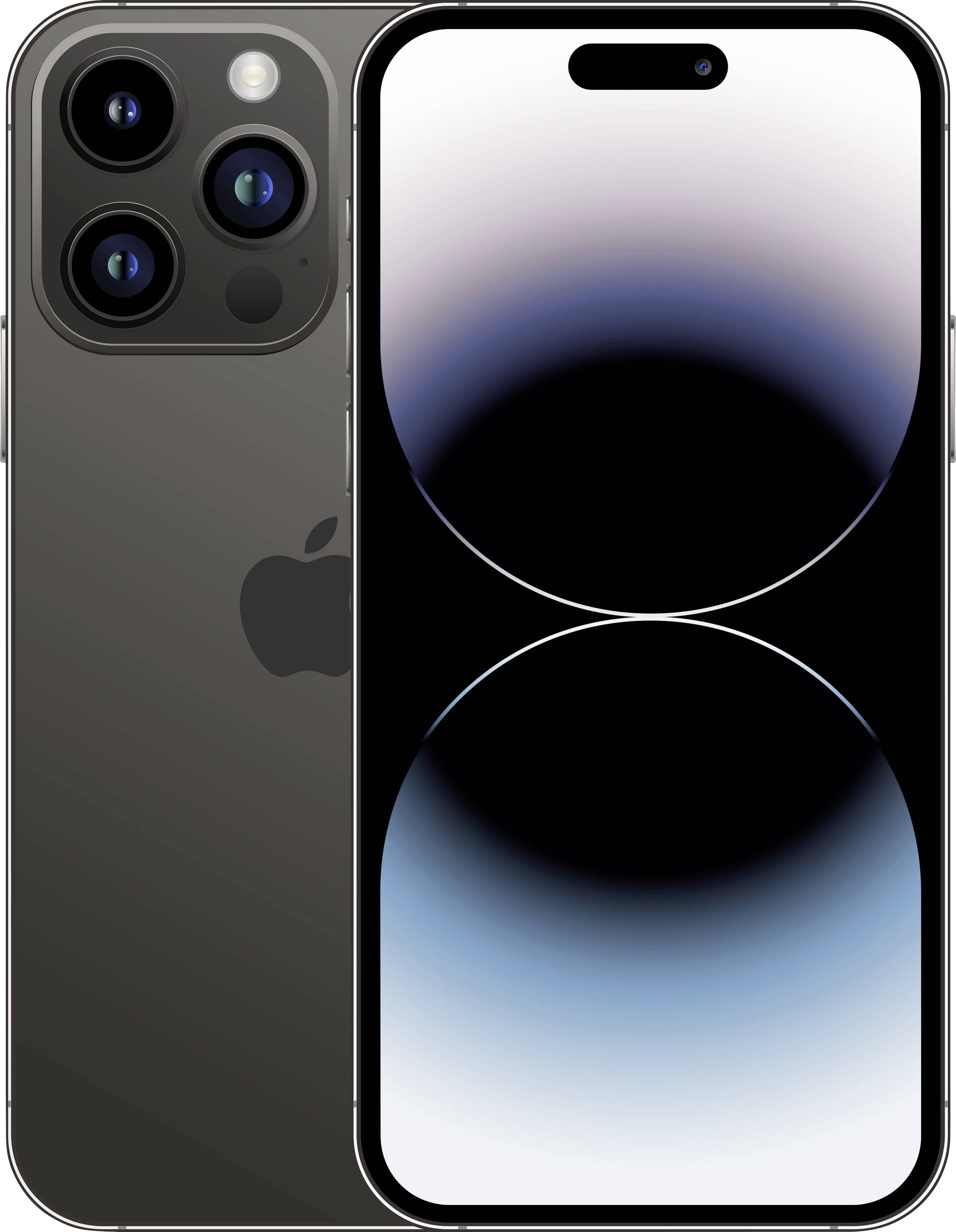 Přední a zadní pohled na černý iPhone s trojitými objektivy fotoaparátu, zobrazující obrazovku a logo Apple na zadní straně.