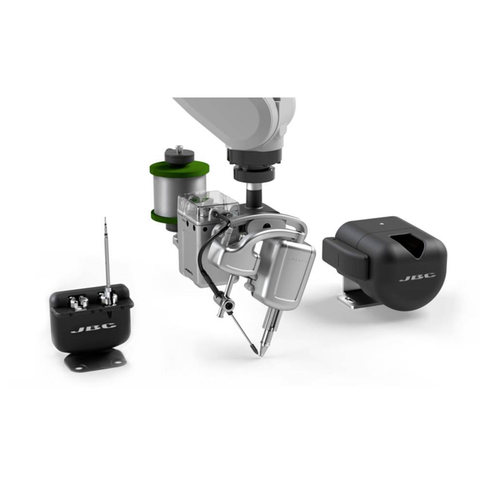 3D renderování sestavy robotického chytače s pneumatickými komponenty a dvěma ovládacími moduly JBC na bílém pozadí.