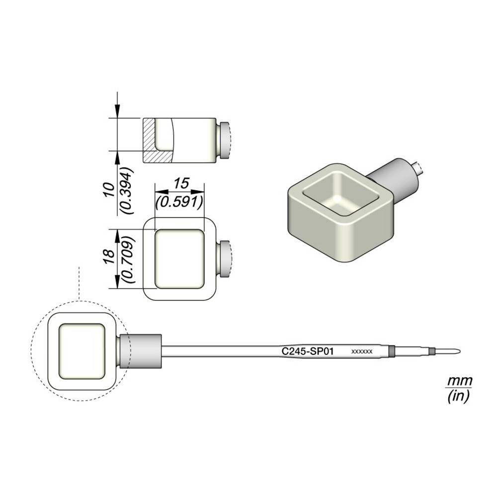 Dimenzionální technický výkres čtvercového senzoru/sondy zobrazující horní a boční pohledy, hlavu 15 mm x 18 mm a dlouhý kabel označený C245-SP01 v milimetrech a palcích.