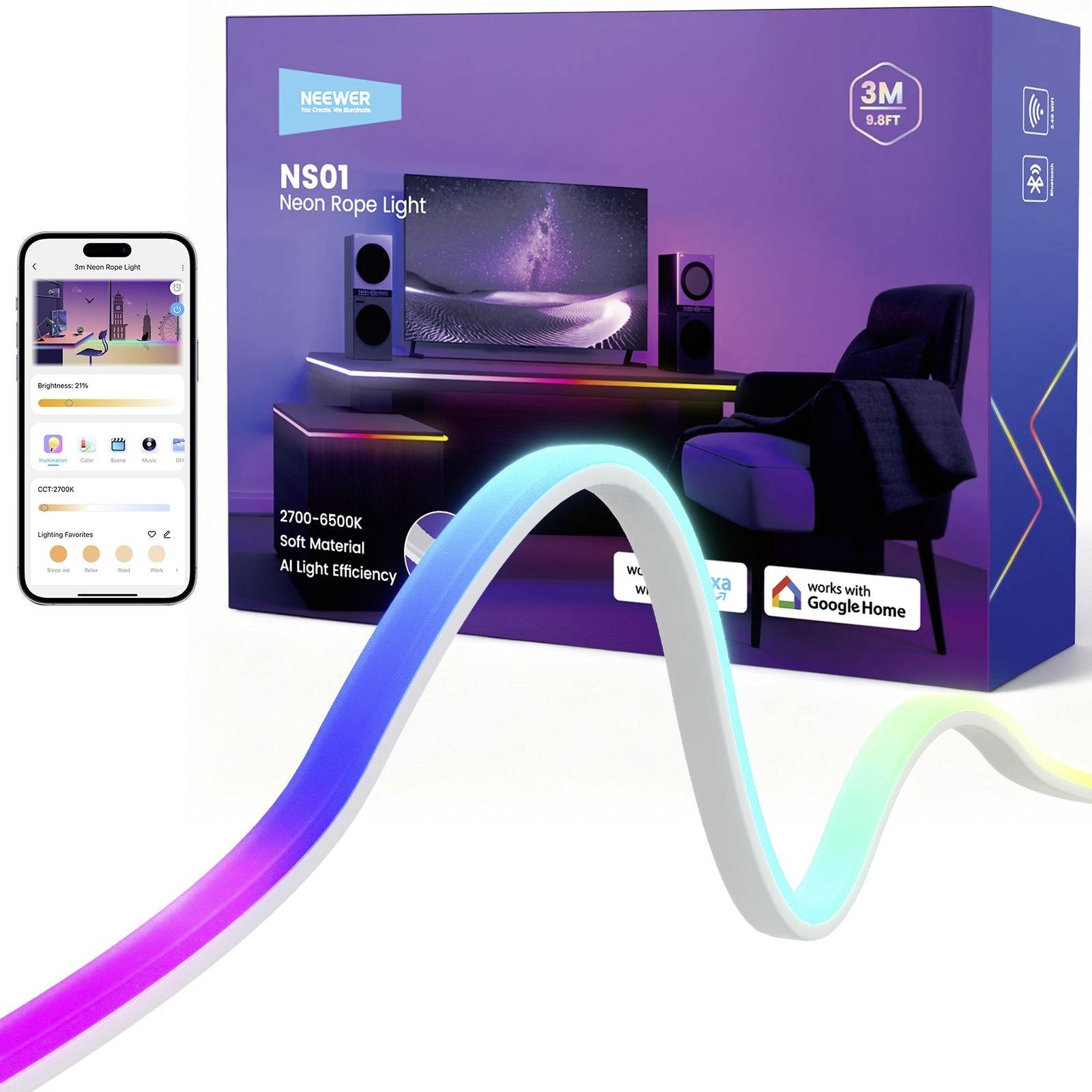 Krabice produktu NS01 neonové páskové osvětlení se ovládáním přes aplikaci smartphone, délka 3M, kompatibilita s Google Home a Alexa, a vícebarevné okolní osvětlení zobrazené v interiérovém nastavení.