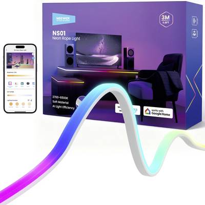 Krabice produktu NS01 neonové páskové osvětlení se ovládáním přes aplikaci smartphone, délka 3M, kompatibilita s Google Home a Alexa, a vícebarevné okolní osvětlení zobrazené v interiérovém nastavení.