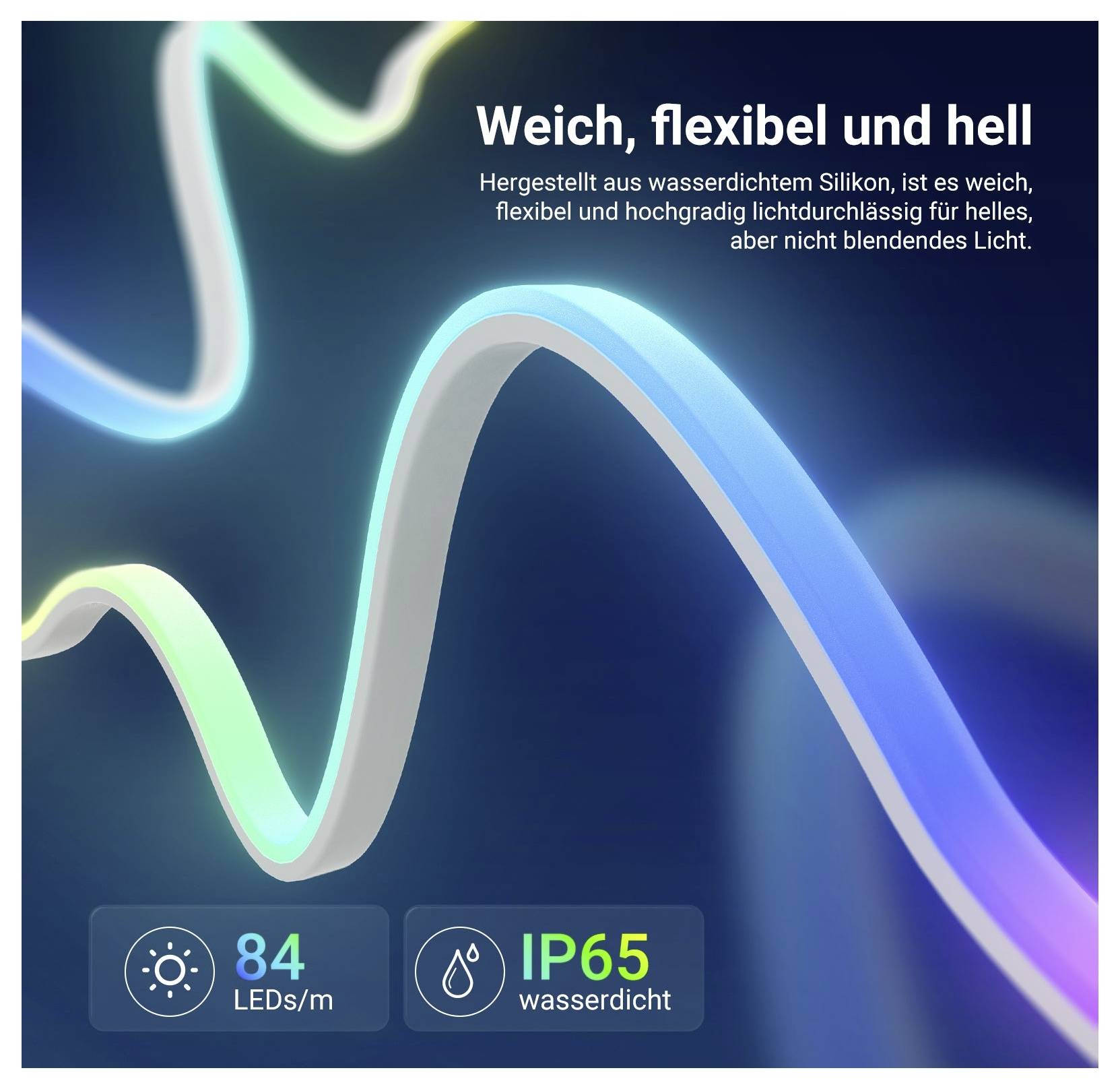 Flexibilní, jasný voděodolný LED pás s gradientním leskem; text říká „Měkký, flexibilní a jasný" a „IP65 voděodolný", plus „84 LED/m".