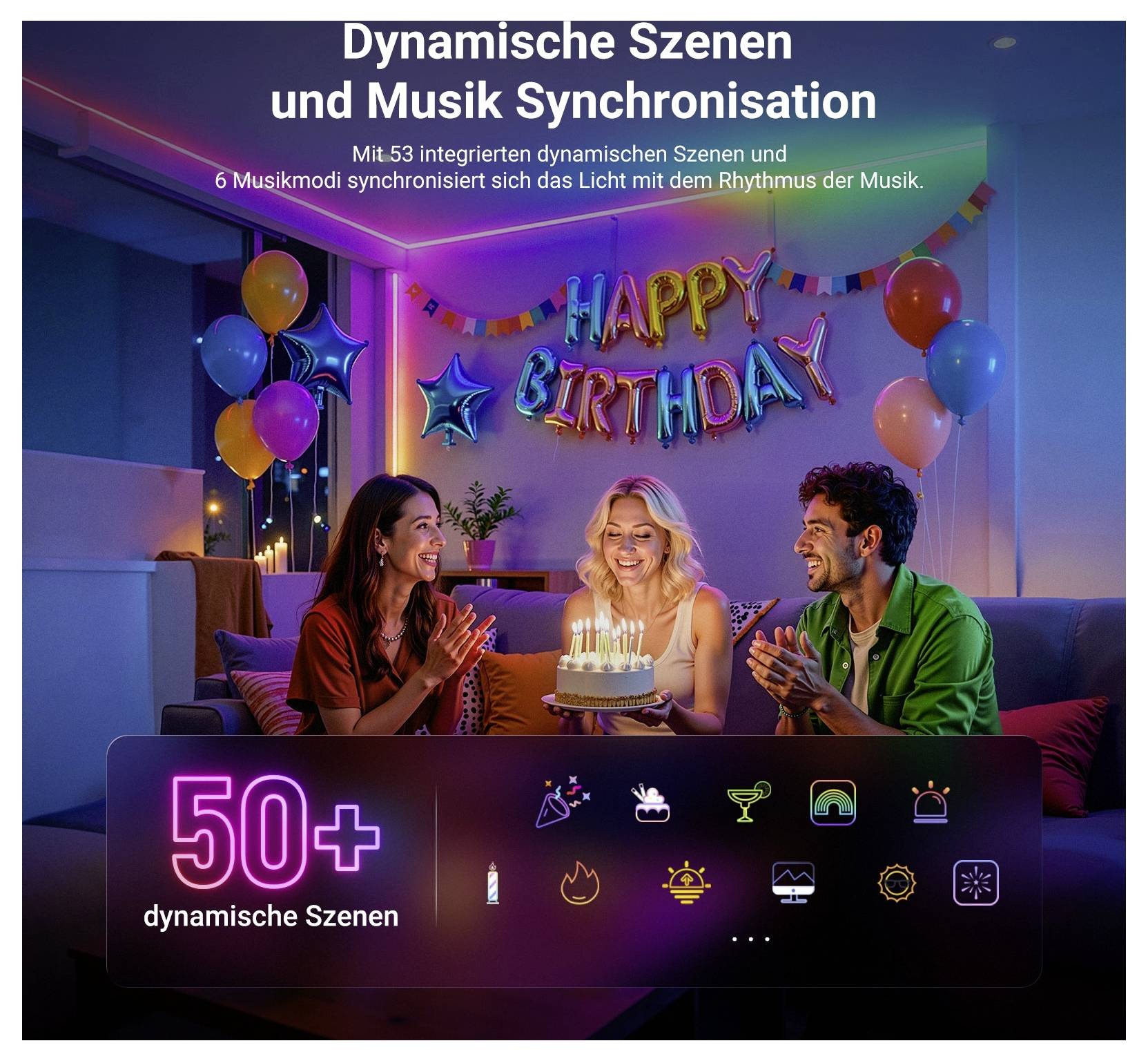 Scéna narozeninové oslavy se třemi lidmi kolem dortu pod nápisem „VŠECHNO NEJLEPŠÍ K NAROZENINÁM"; německý text propaguje dynamické scény a synchronizaci hudby, „50+ dynamických scén".