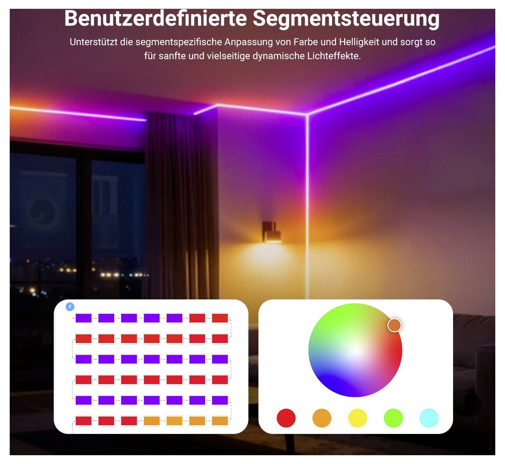 Německý propagační obrázek ložnice s RGB LED páskováním a dvěma ovládacími panely barev, s názvem "Uživatelsky definovaná kontrola segmentů" s podtitulem o segmentově specifickém nastavení jasu a barev.