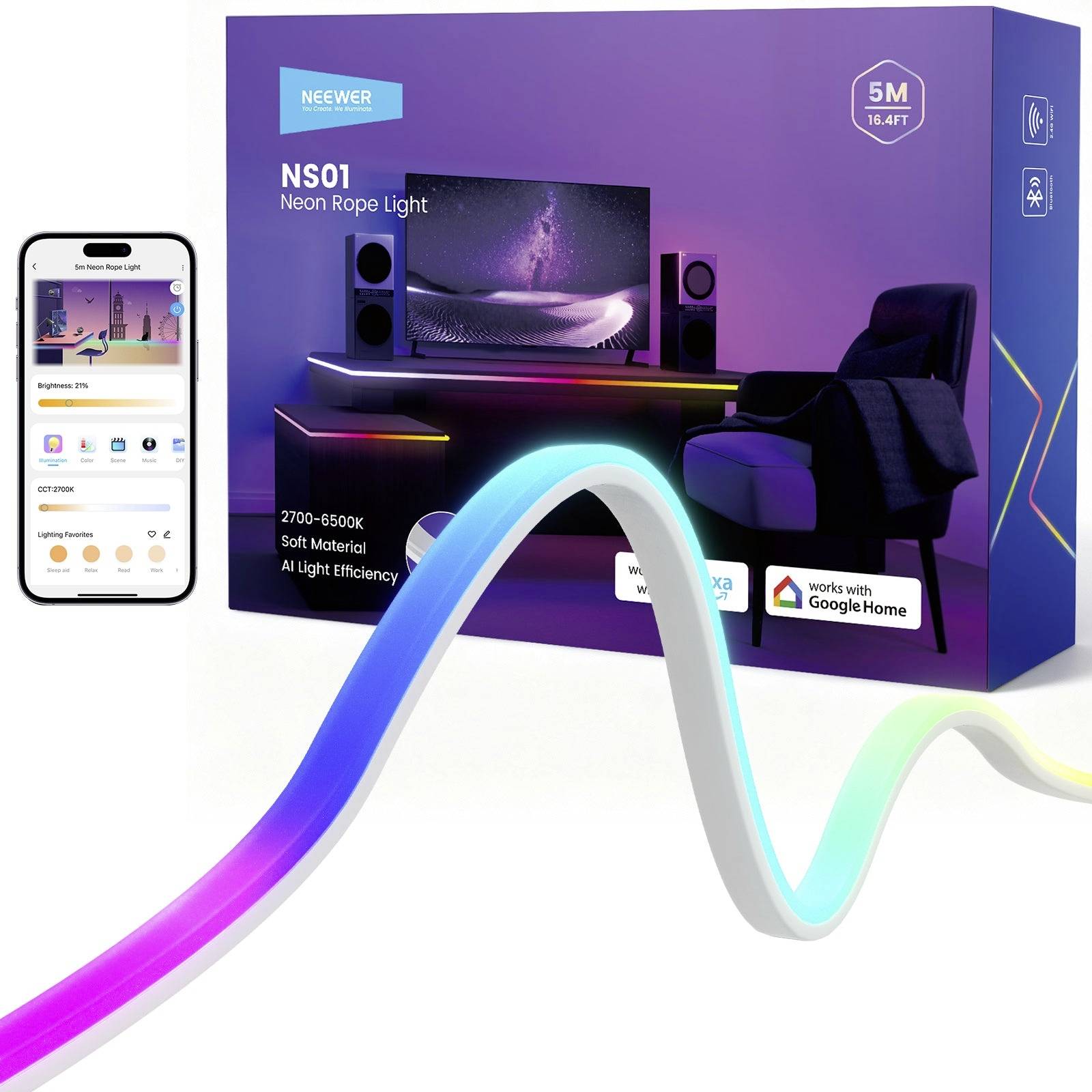 Krabice produktu NEEWER NS01 Neon Rope Light se smartphoneovou aplikací, barevným LED páskem a odznaky kompatibility s Google Home.