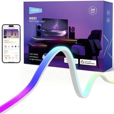 Krabice produktu NEEWER NS01 Neon Rope Light se smartphoneovou aplikací, barevným LED páskem a odznaky kompatibility s Google Home.