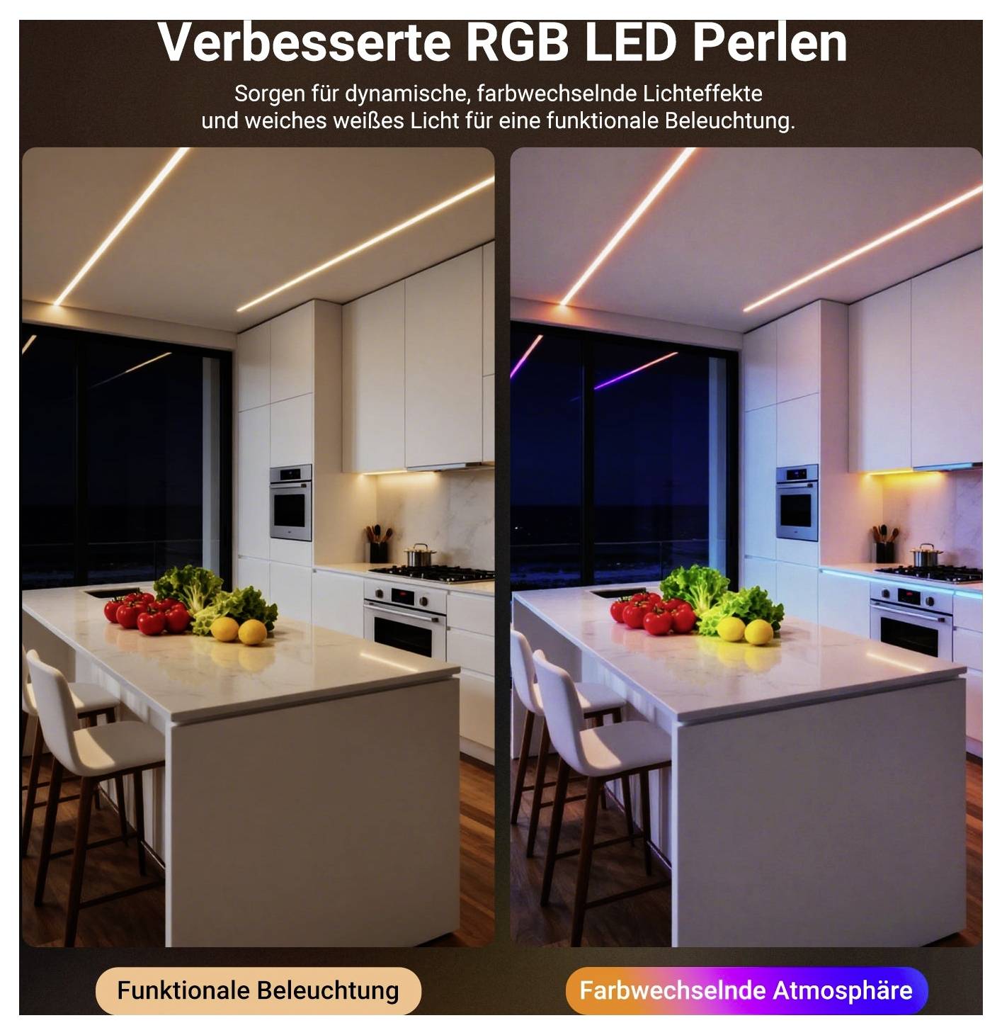Porovnání osvětlení kuchyně vedle sebe: vlevo teplé funkční bílé LED pásky, vpravo barevně měnící se RGB LED vytvářející purpurovo-růžový ambientní lesk.