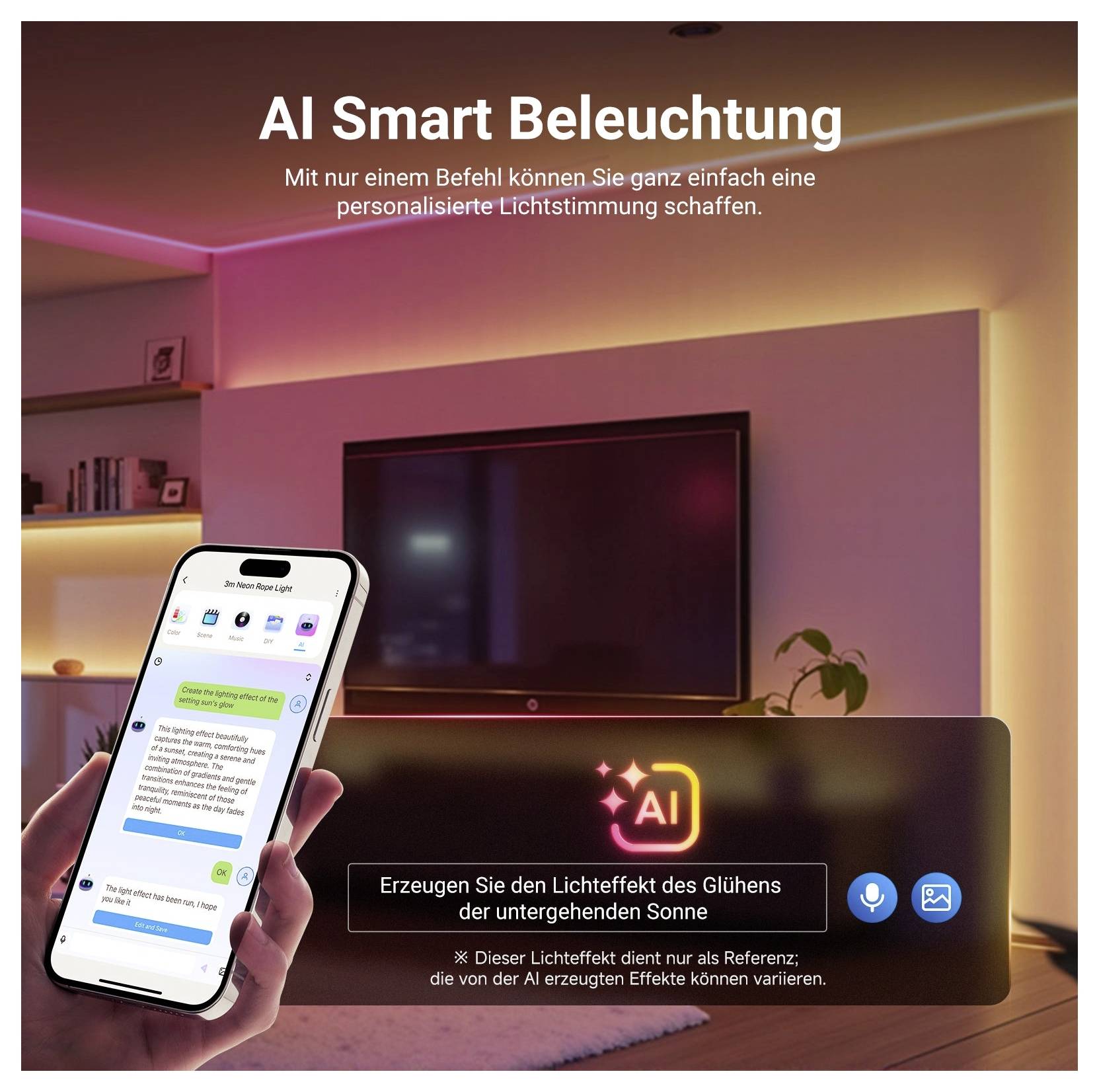 Obývací pokoj s barevným chytrým LED osvětlením a televizí; ruka drží telefon, kterým ovládá osvětlení. Německý text propaguje "AI Smart Beleuchtung" a personalizované osvětlovací nálady.