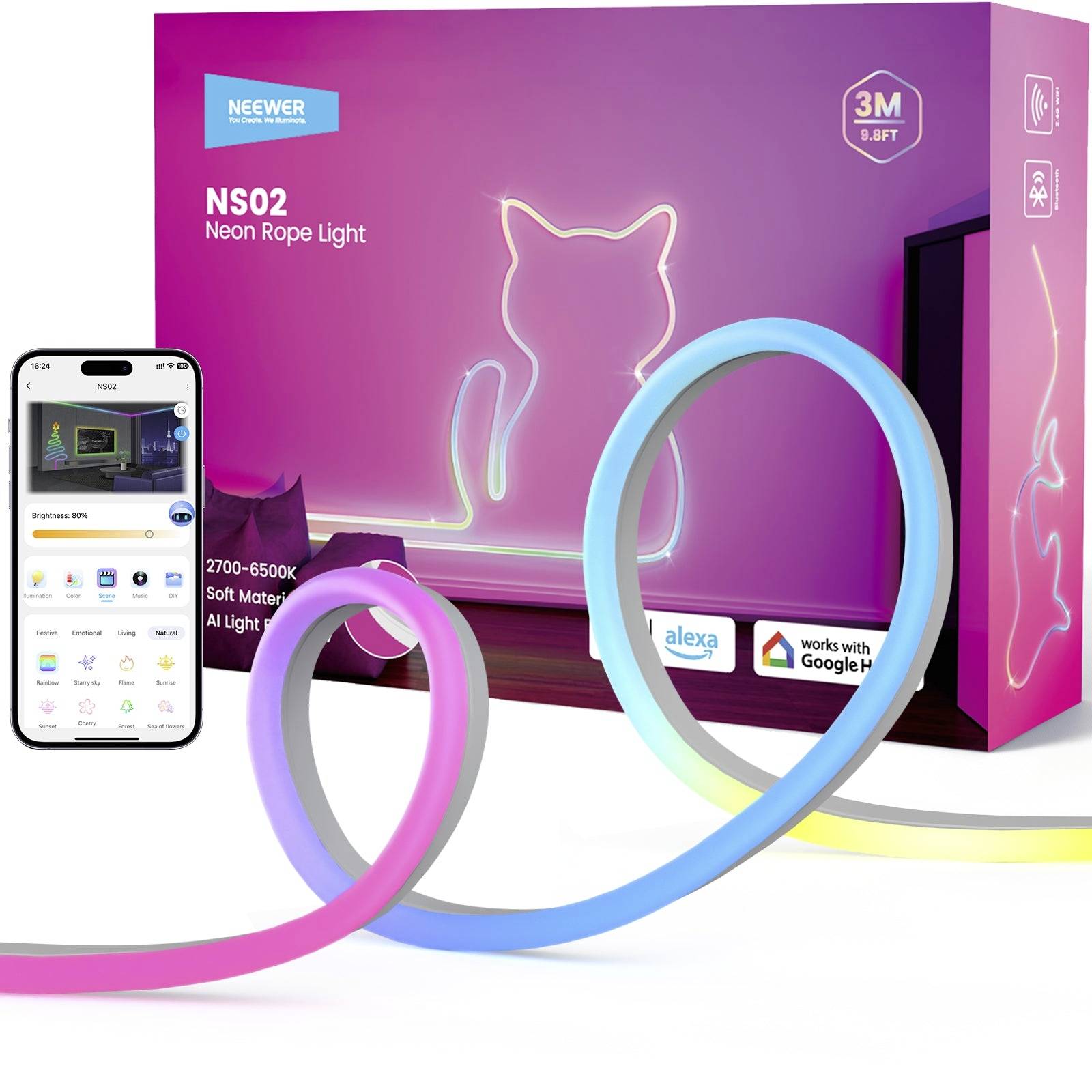Balení produktu NEEWER NS02 Neon Rope Light, zobrazeno s aplikací pro chytrý telefon, délka 3m/9,8ft, barevnění měnící neonový provázek tvořící siluetu kočky na krabici, kompatibilní s Alexou a Google Home.