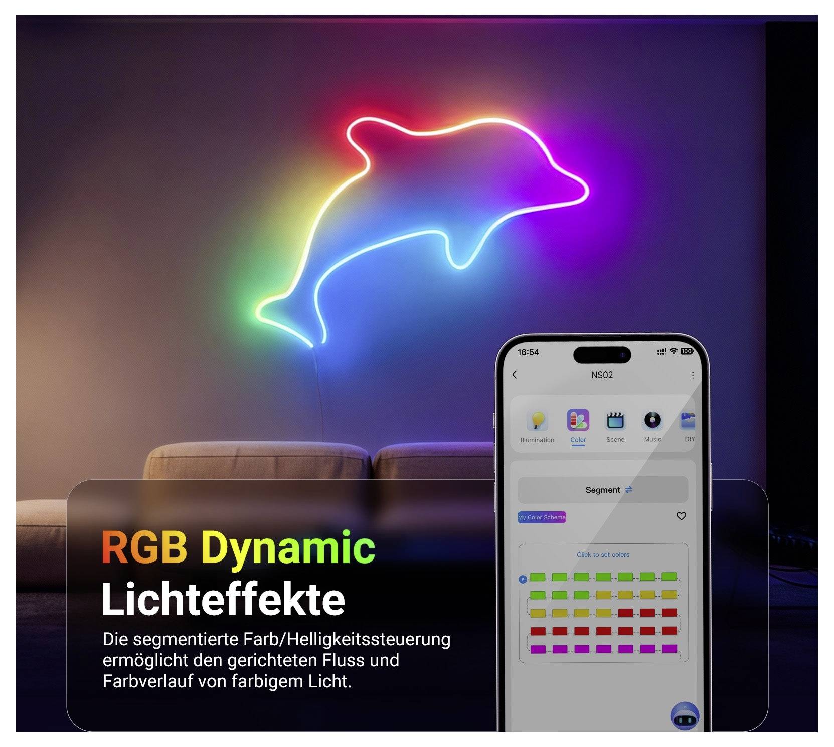 Neonová světla na stěně v podobě delfína s RGB barevným gradientem, doplněná obrazovkou aplikace na chytrý telefon zobrazující segmentované ovládání barev a jasu pro „RGB Dynamic Lichteffekte".