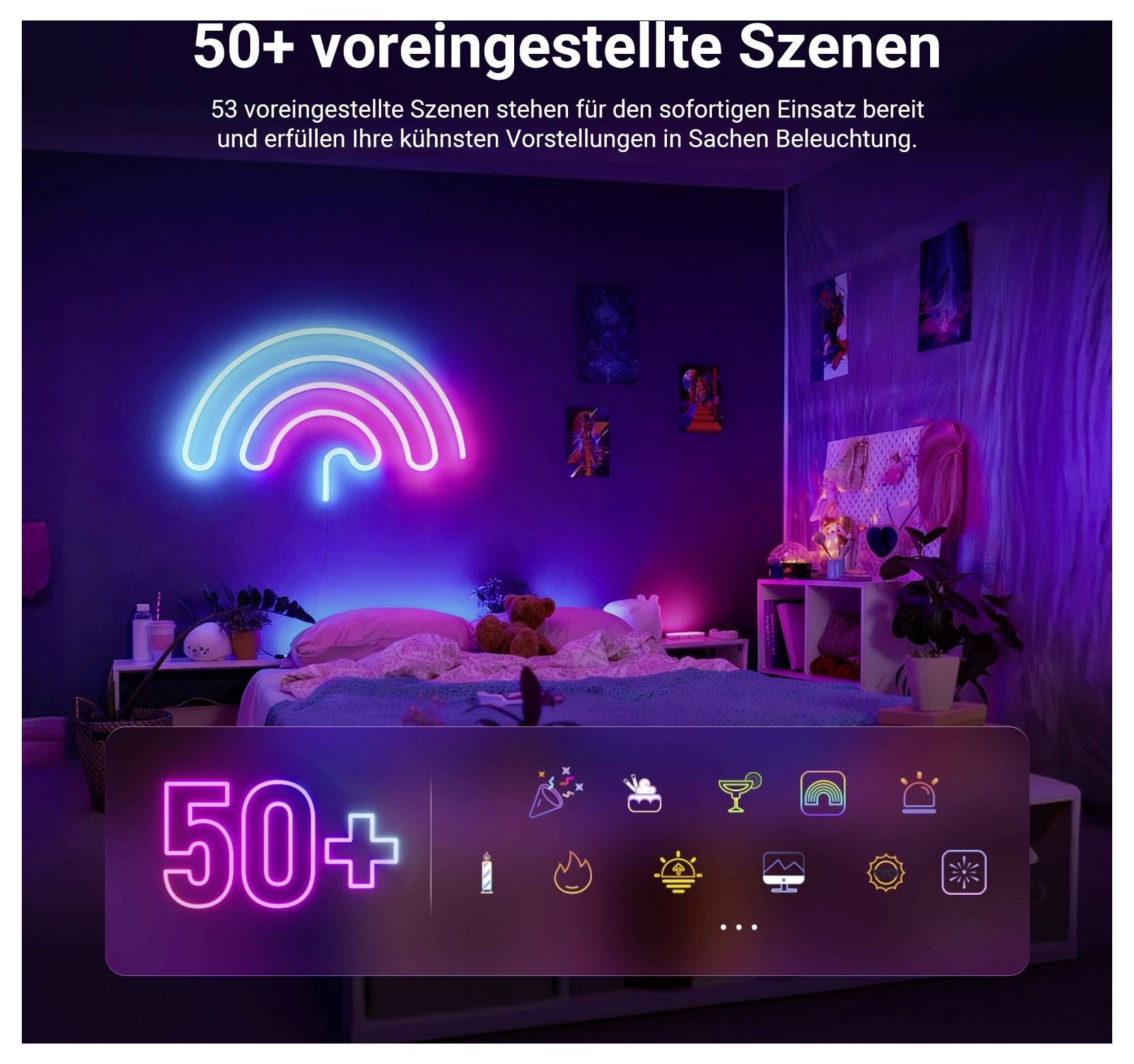 Ložnice osvětlená neónem s Rainbow LED páskou na stěně a překryvným textem "50+ přednastavených scén", ukazující ikony režimů přednastavených osvětlení pro chytrý ambientní svět.