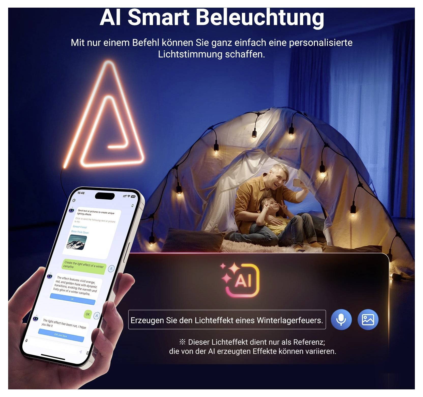 Německá reklama na "AI chytré osvětlení": neonové logo AI, ovládání osvětlení přes telefon a rodina v zářícím stanu, propagující personalizované světelné efekty.