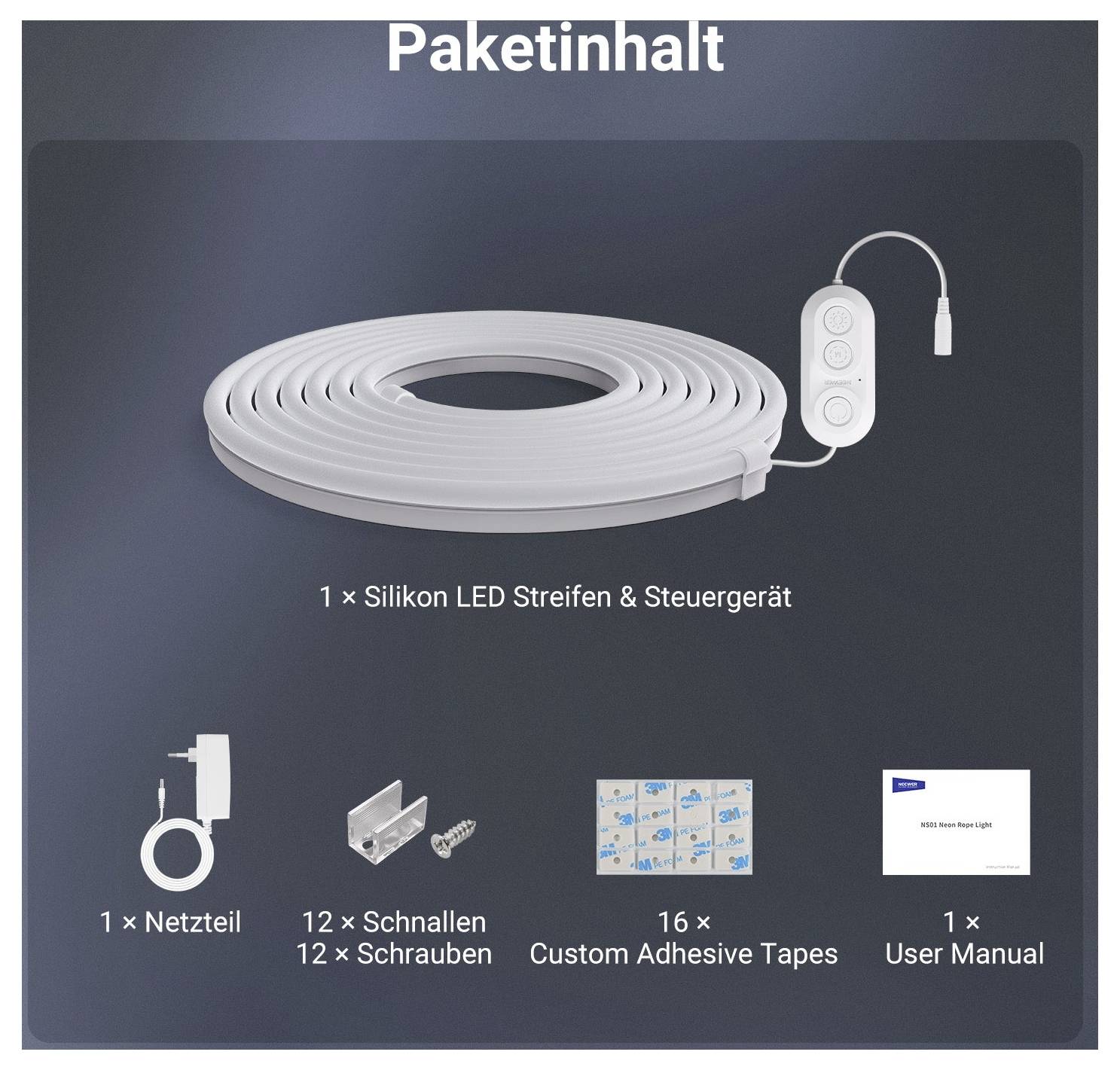 Obsah balení pro silikonový LED pás: LED pás s ovladačem, zdroj napájení, 12 klipů a šroubů, 16 lepicích pásek a jeden uživatelský návod.