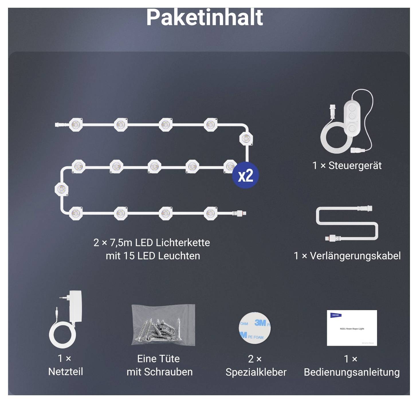 Obsah balení pro LED řetěz světel: 2 x 7,5m světelné řetězy s 15 LED světly, 1 ovladač, 1 prodlužovací kabel, zdroj napájení, šrouby, 2 speciální lepící podložky a návod k použití.