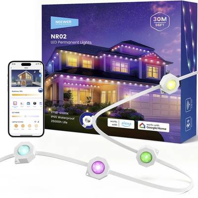 Produktová krabice pro NEEWER NR02 LED trvalé světla s ovládáním aplikace, dosahem 30m/96stop, voděodolnou třídou a kompatibilitou s Alexou/Google Home.