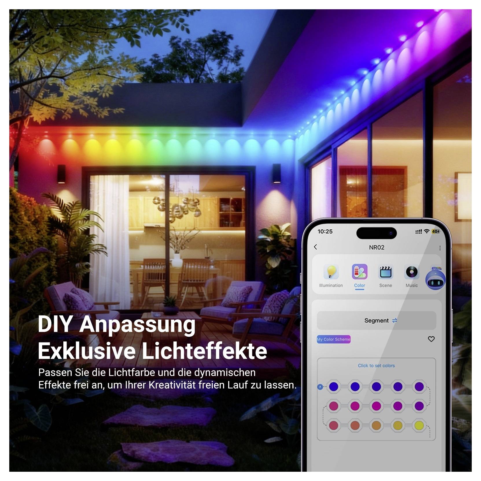 Propagační obrázek terasy domu s barevnými LED světly a aplikací na chytrém telefonu ukazující přizpůsobitelné barvy osvětlení; text zní "DIY Přizpůsobení Exkluzivní světelné efekty".