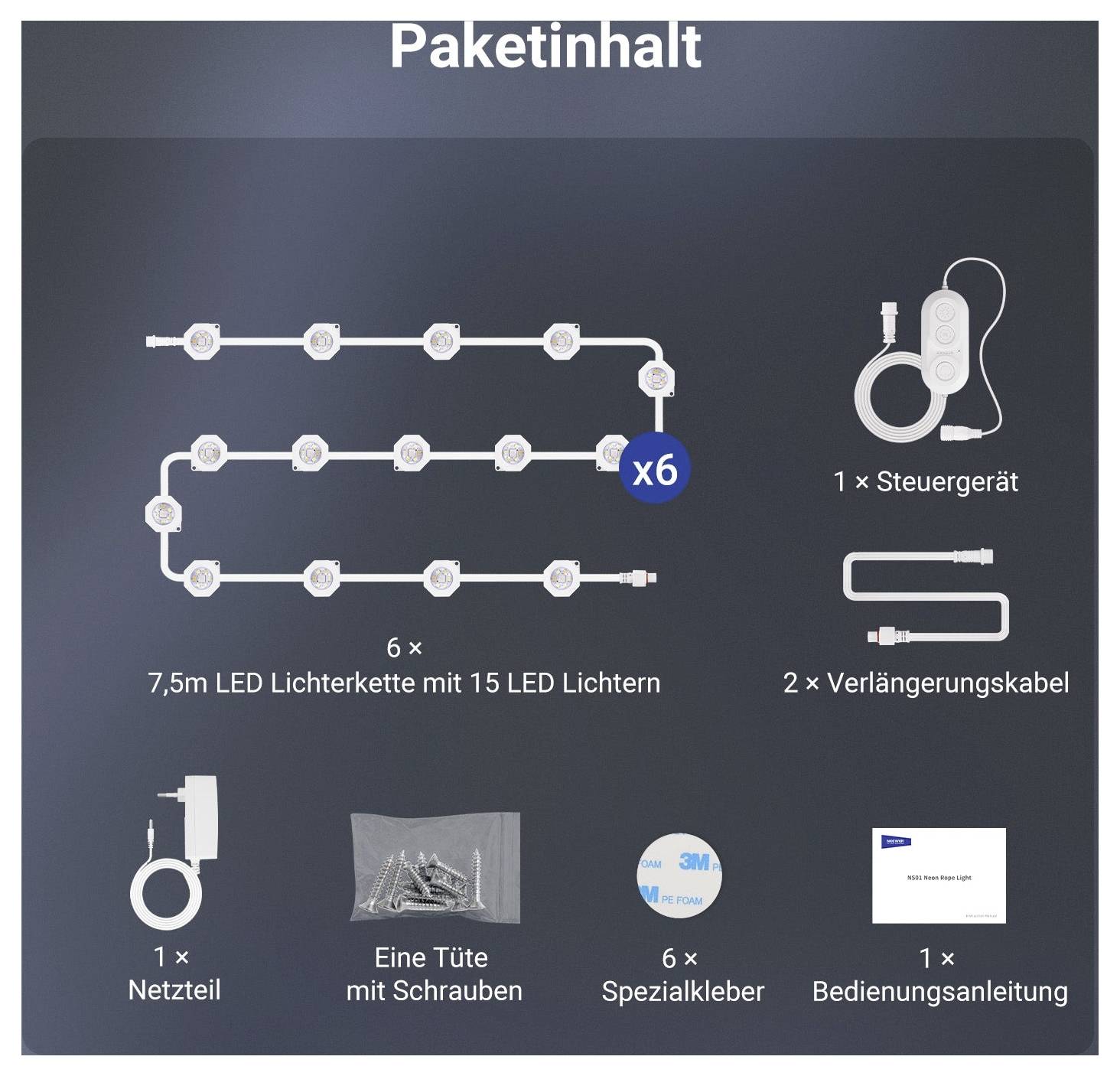 Obsah balení obsahující 6x LED světelné řetězy o délce 7,5 m s 15 LED diodami každý, 1 ovladač, 2 prodlužovací kabely, zdroj napájení, šrouby, samolepicí podložky a návod.