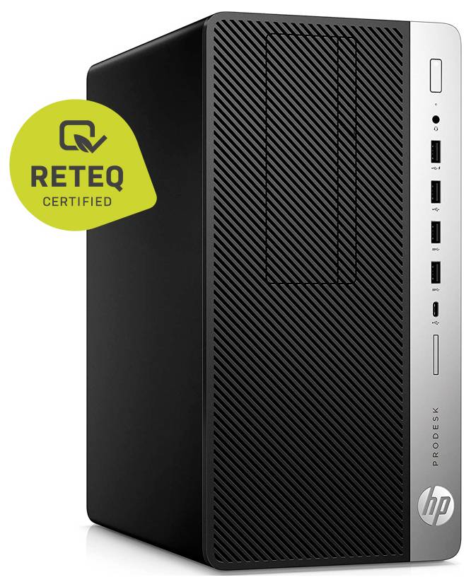 Desková věž HP ProDesk zobrazená v předním a bočním pohledu s certifikačním odznakem REQ