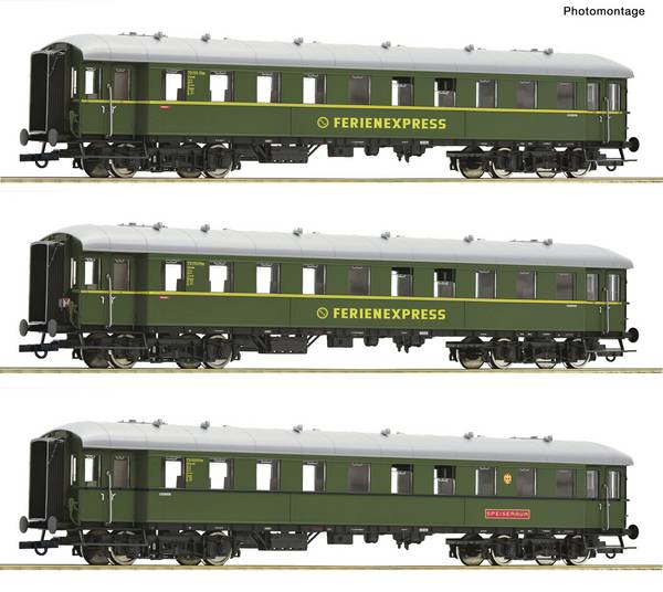 Roco 6200235 H0, 3 ks Souprava: Osobní vozy „prázdninový express“ (DC) Wagenset německé spolkové dráhy