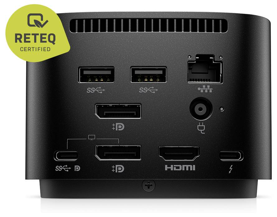Zadní pohled kompaktní dokovací stanice zobrazující více portů: USB-A, Ethernet, audio jack, DisplayPort, HDMI a USB-C, se štítkem Reteq Certified.