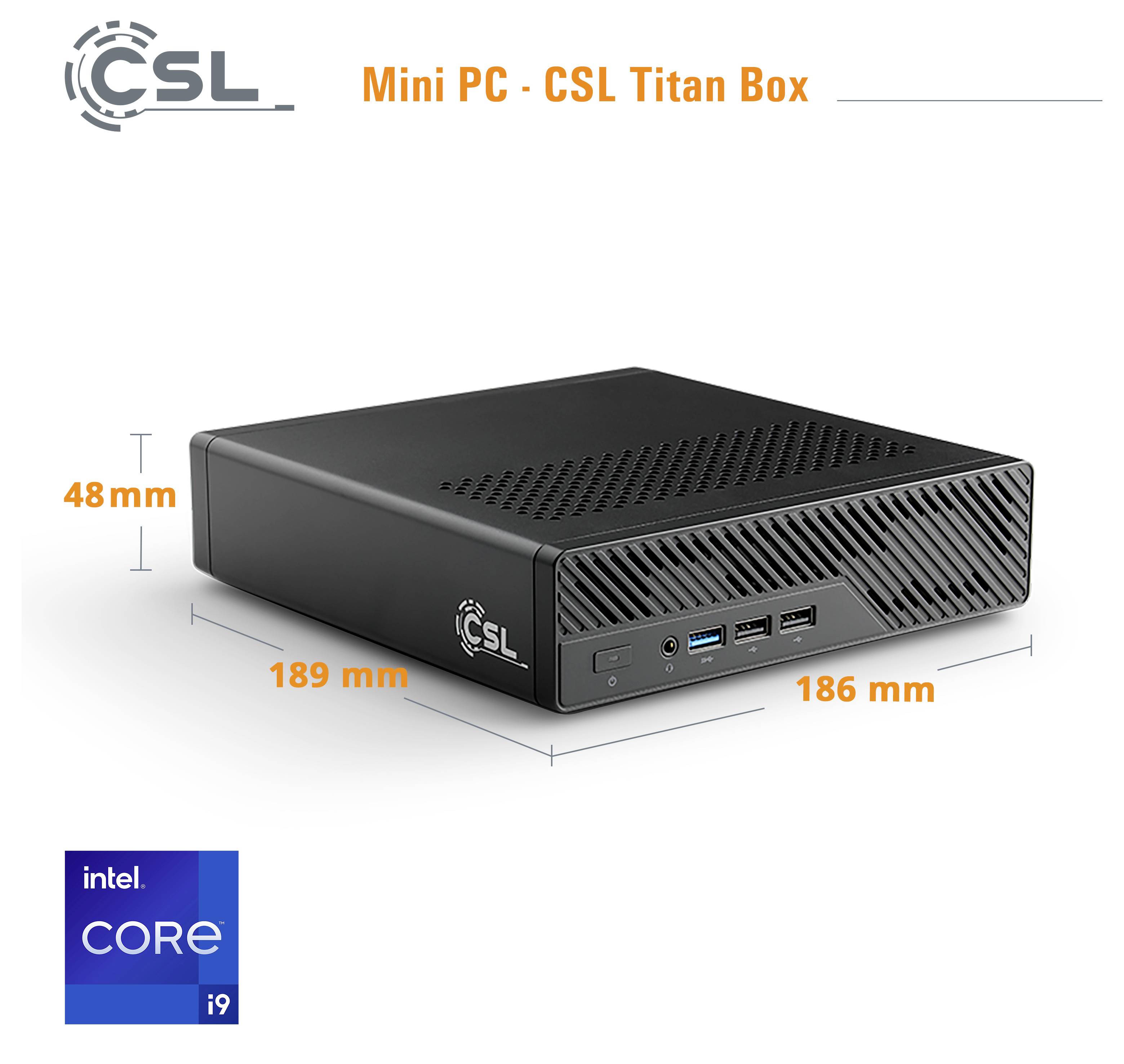 Obrázek produktu mini PC CSL Titan Box s rozměry 189 mm × 186 mm × 48 mm a označením Intel Core i9.