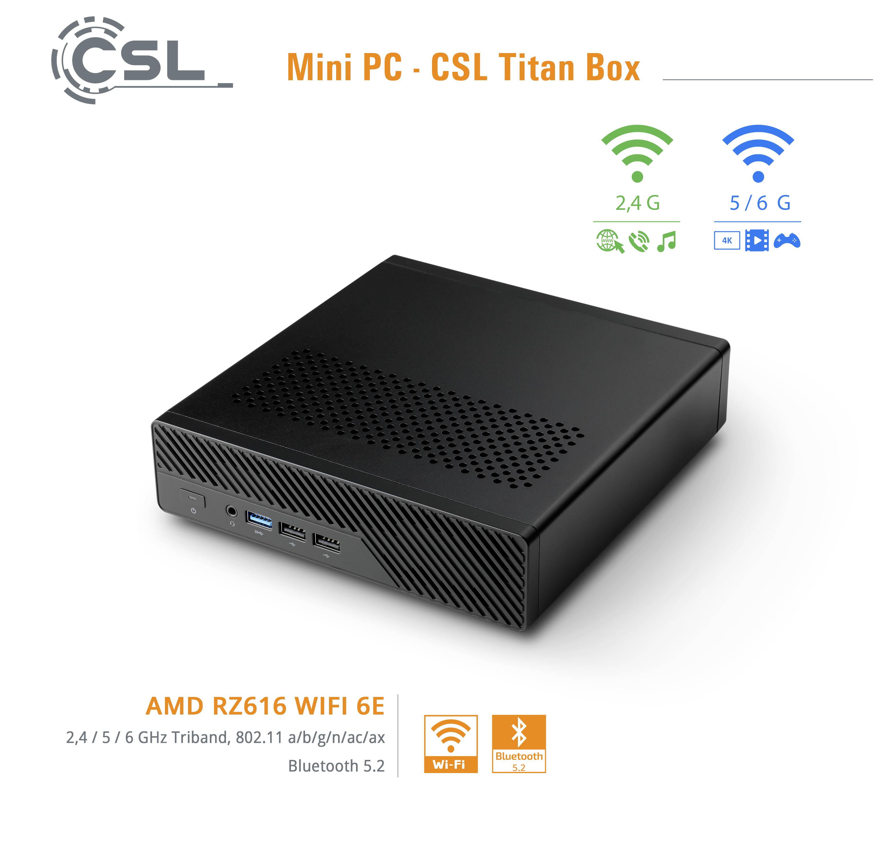 Propagační obrázek mini PC CSL Titan Box, černého kompaktního stolního počítače s podporou Wi‑Fi 6E a Bluetooth 5.2.