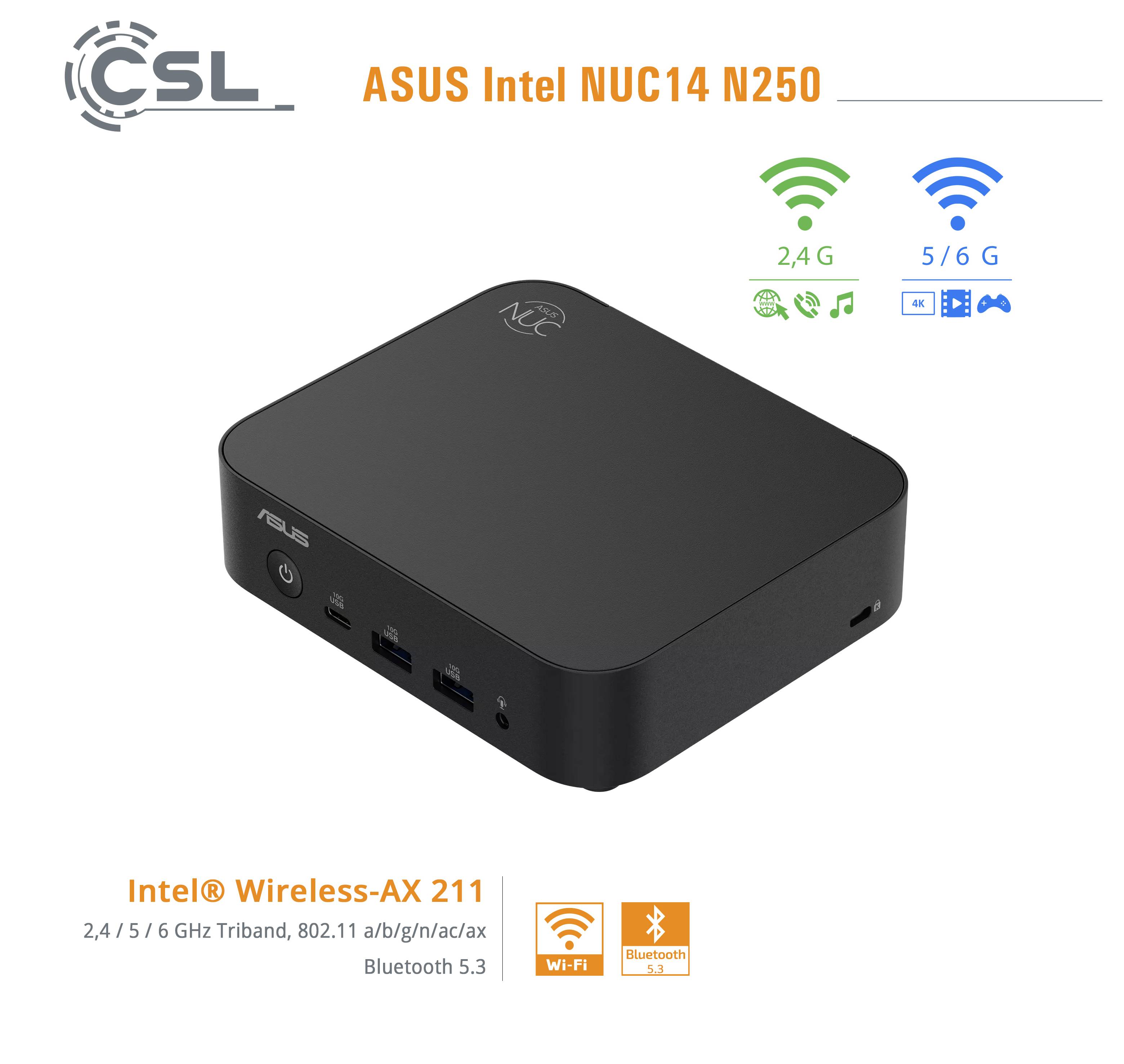 Obrázek produktu miniaturního počítače ASUS Intel NUC14 N250, který ukazuje kompaktní černý počítač a bezdrátové funkce: Wi-Fi 2.4G/5/6G a Bluetooth 5.3.